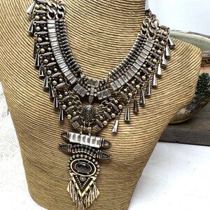 Statement Tribal-Inspired Multi-Layered Silver Necklace With Intricate Detailing